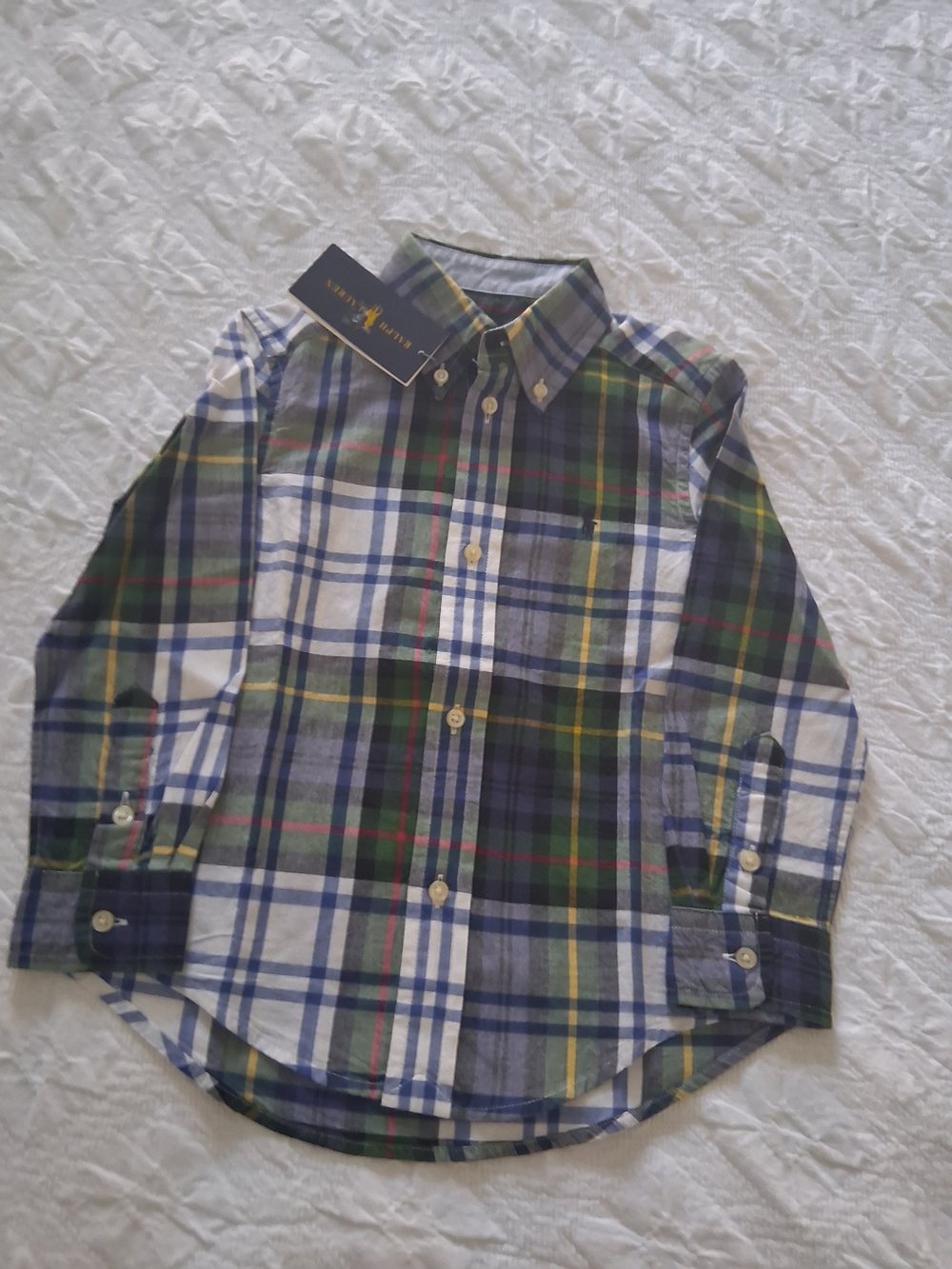 Ralph Lauren Boys' Long Sleeve  Green Multi Plaid Button-Down Shirt Size 3T